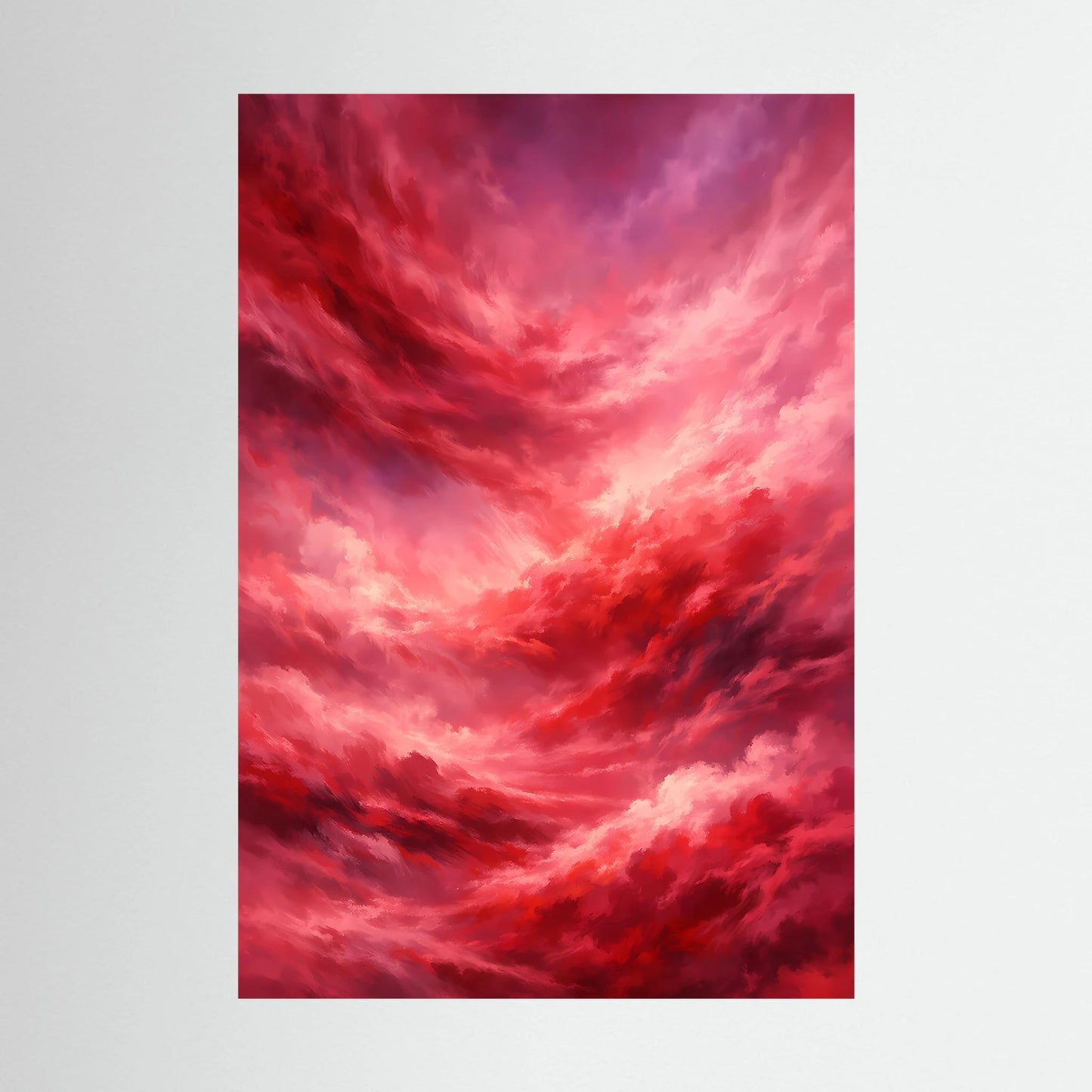 Hochformat-Poster mit roten Wolken und hellen rosa Bereichen, abstrakte Himmelslandschaft