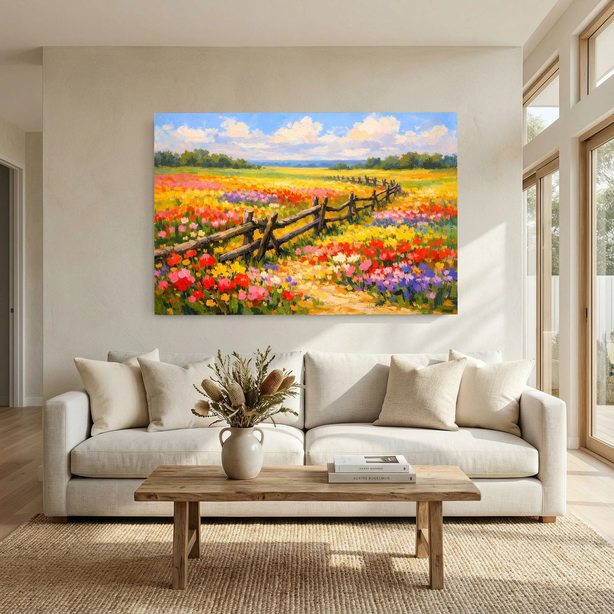 Querformatiges Wandbild mit Sommerblumenwiese, Feldweg und Holzzaun im Farbenmeer