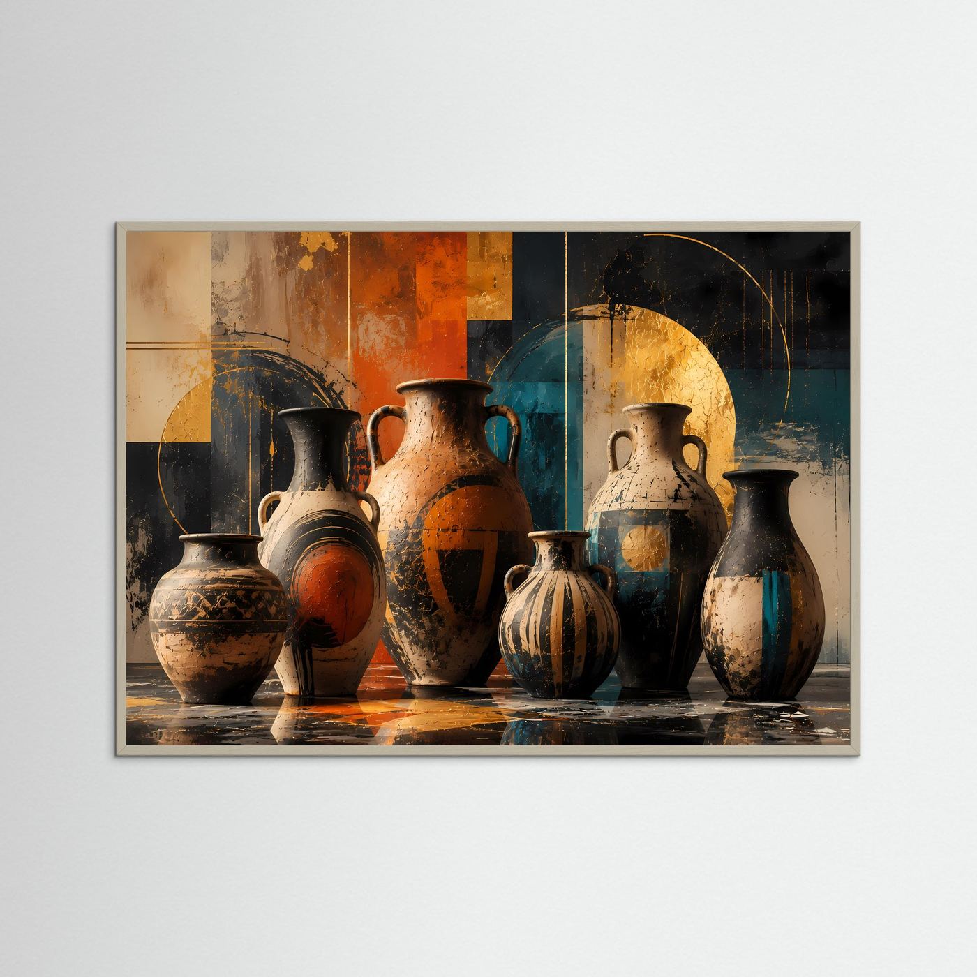 Abstrakte Keramik Vasen Poster | Moderne Amphoren Wandkunst in Terrakotta Blau Gold | Minimalistische Wohnraum Deko