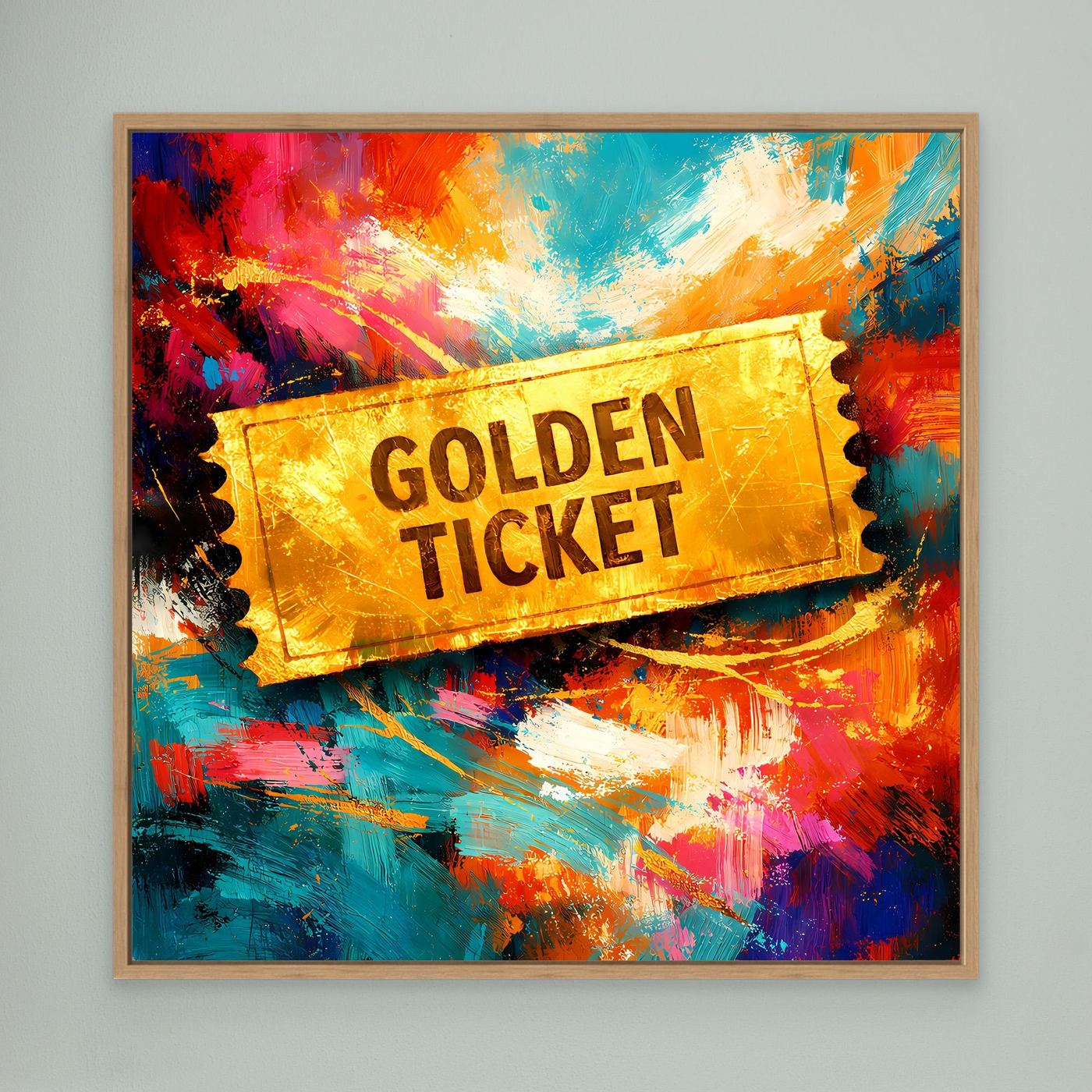 Gerahmtes Leinwandbild „Golden Ticket“ mit goldener Ticket-Aufschrift und farbiger Abstraktmalerei
