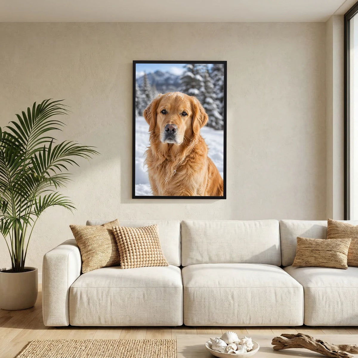 Hundeposter mit Golden Retriever im Schnee, im schwarzen Rahmen