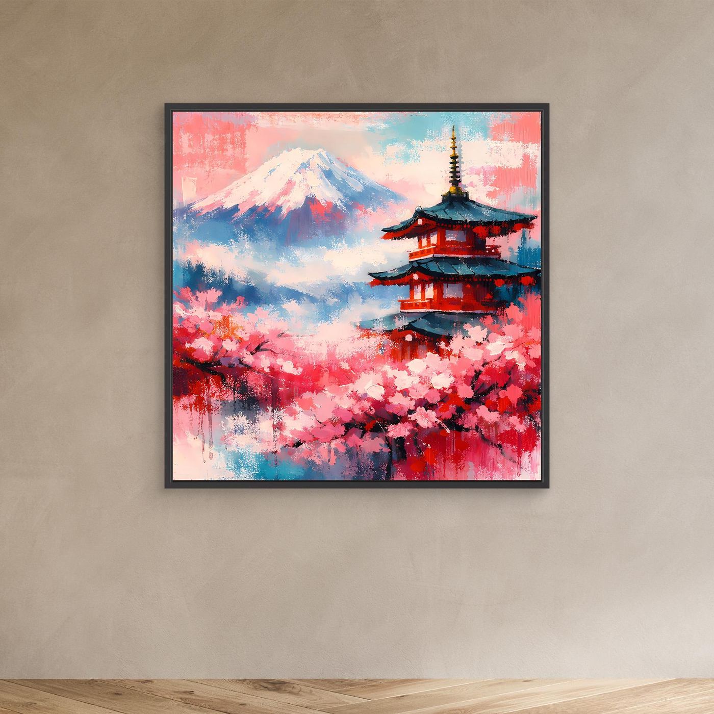 Leinwand-Wandbild mit Kirschblüten, Berg Fuji und Pagode mit schwarzem Rahmen