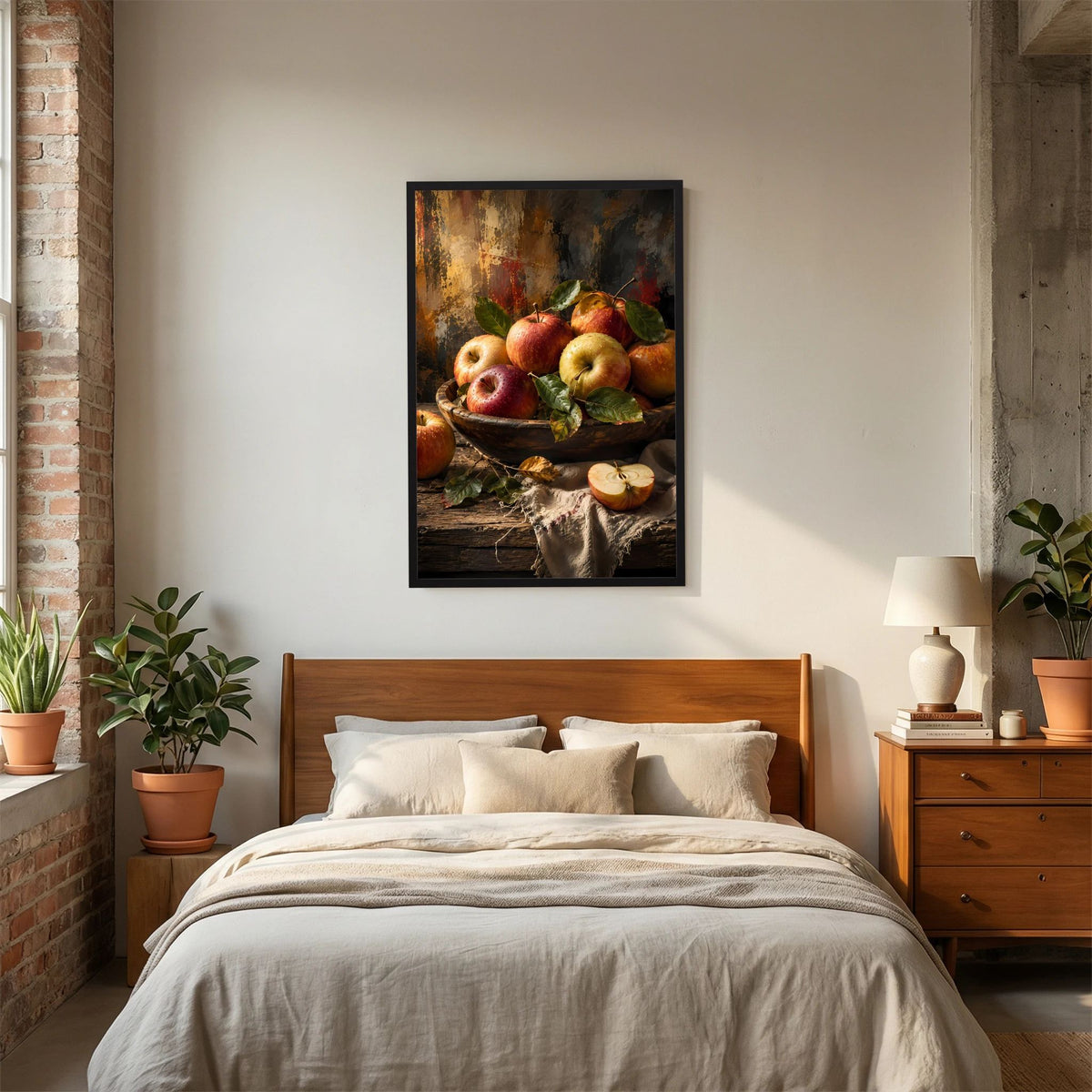 Hochformatiges Apfel-Poster mit Äpfeln in Schale und angeschnittenem Exemplar, schwarzer Rahmen