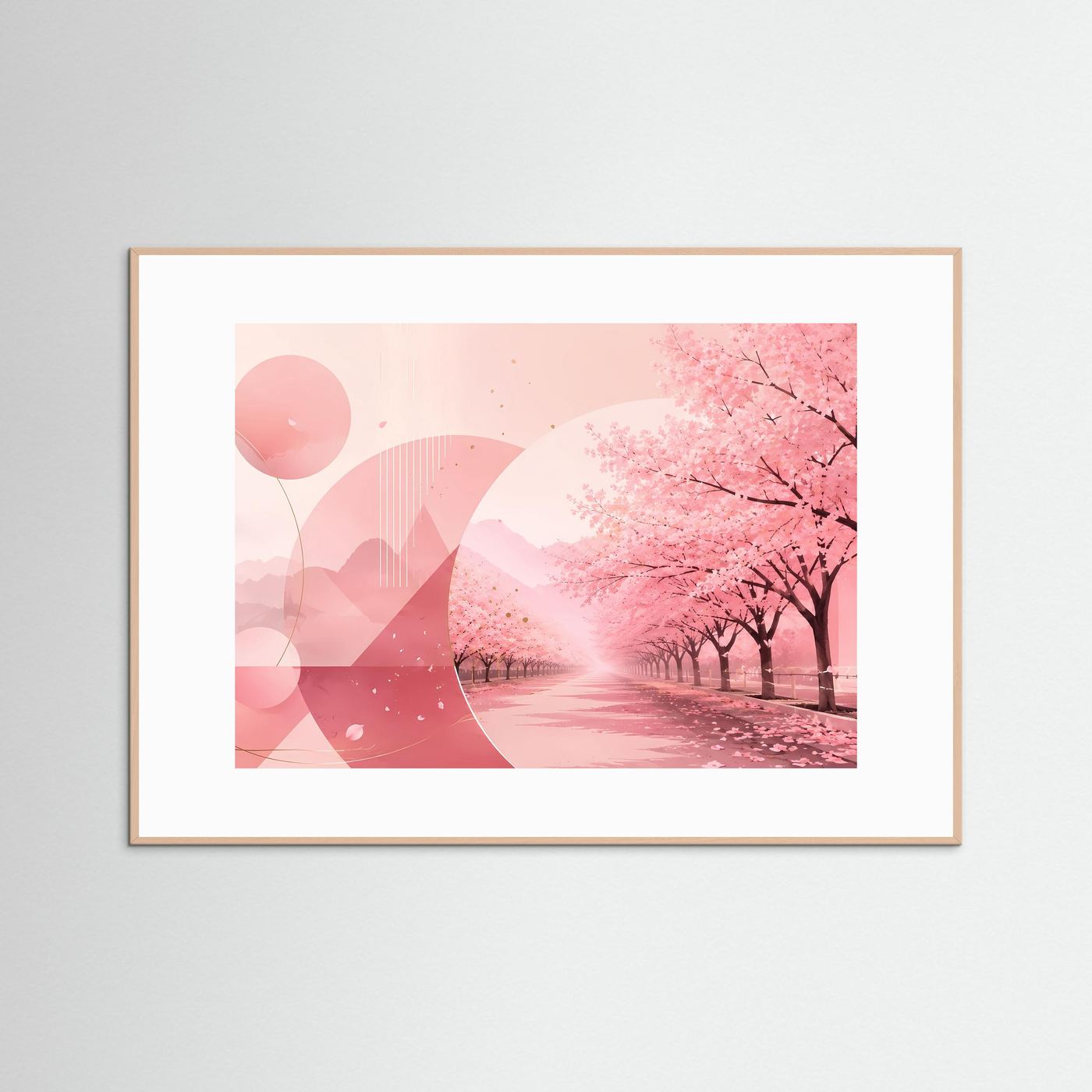 Querformat-Poster mit rosafarbenen Kirschbäumen und Alley-Landschaft, brauner Holzrahmen