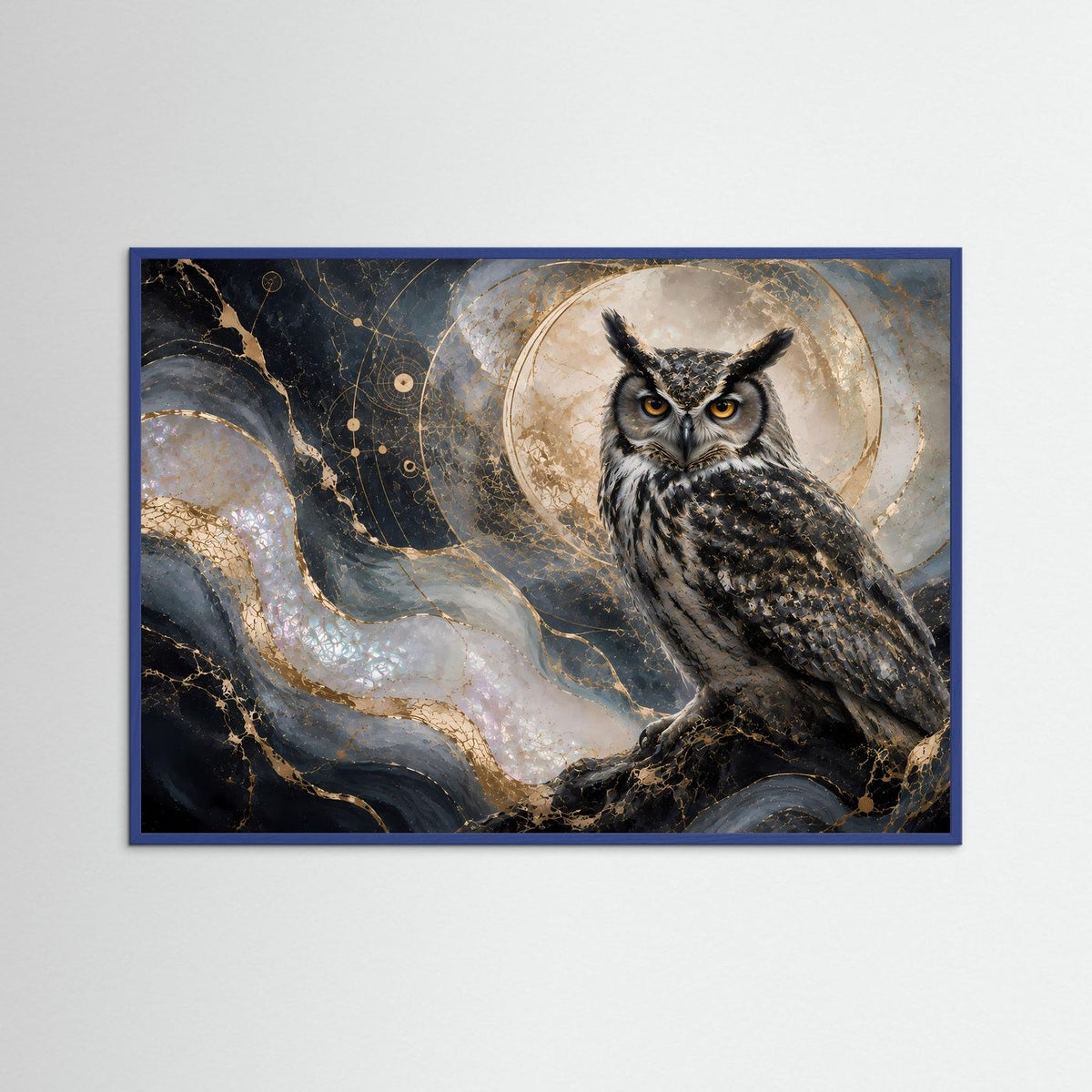 Wandbild-Poster Querformat mit Eule im Mondlicht im blauen Holzrahmen