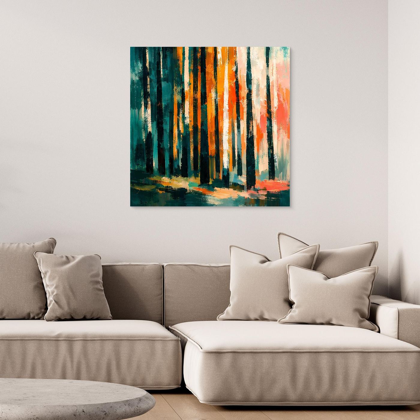 Leinwand-Wandbild mit abstraktem Birkenwald im Herbst, ohne sichtbaren Rahmen