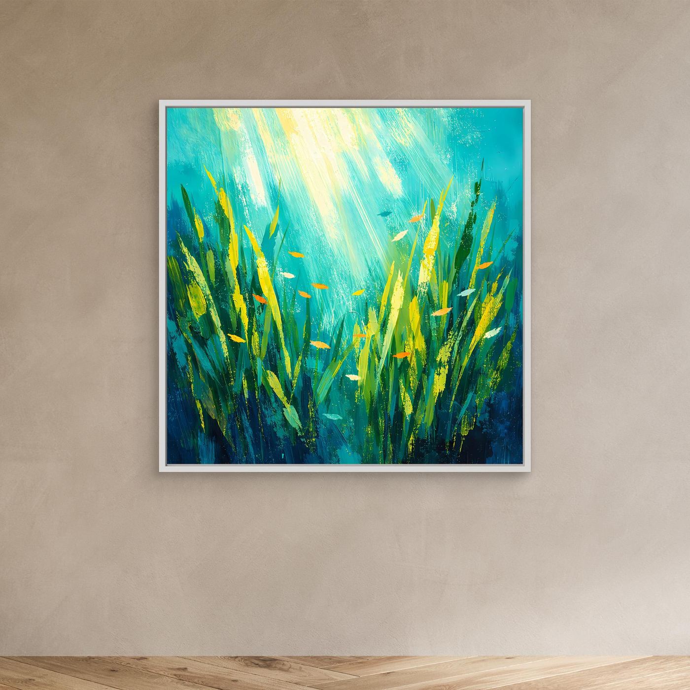 Leinwand Lichtdurchfluteter Algenwald unter Wasser | Abstraktes Ozean Wandbild