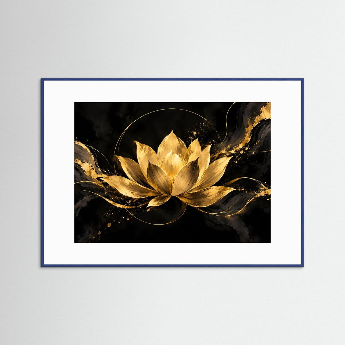 Poster mit goldener Lotusblüte, dunklem Hintergrund, blauer Rahmenumrandung