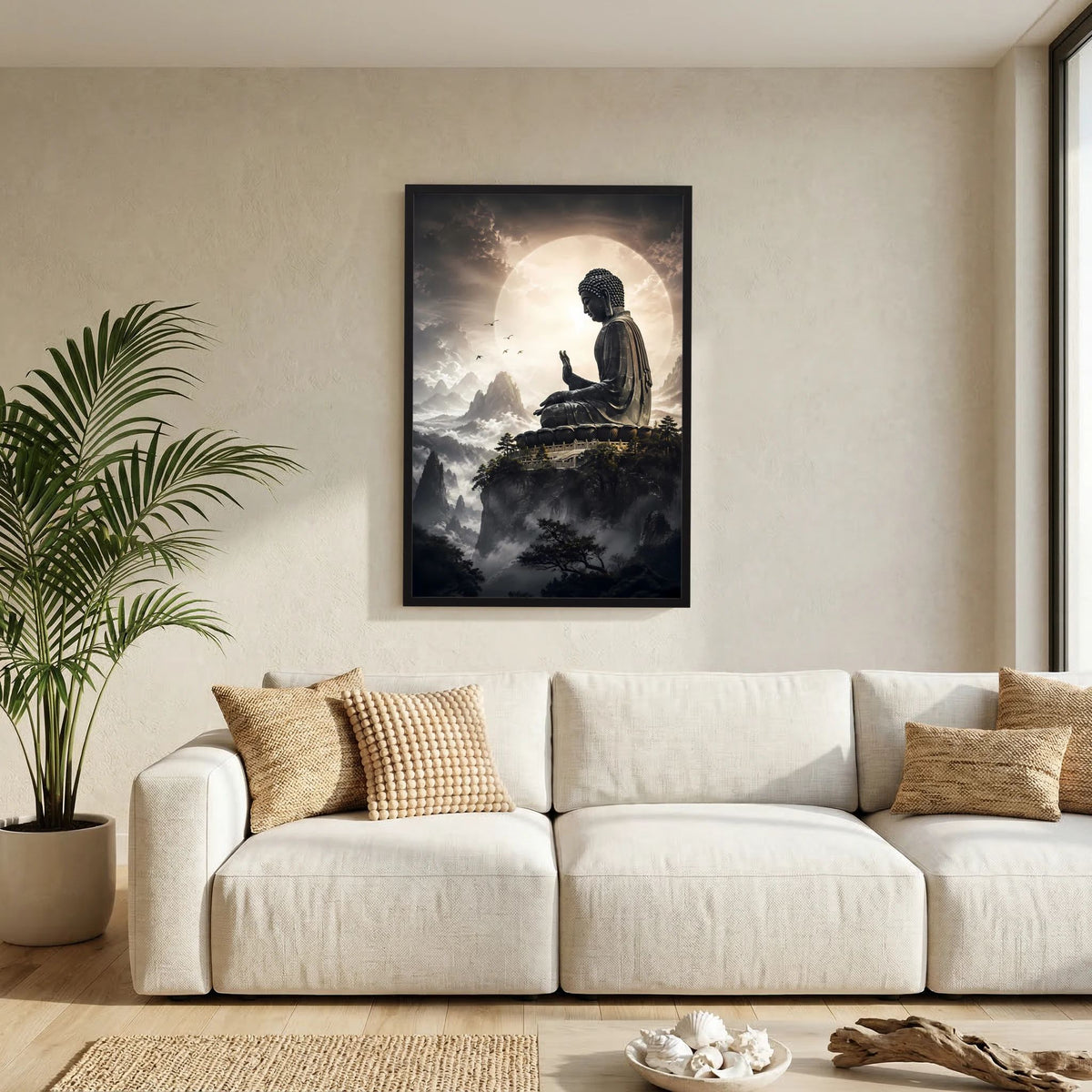 Poster mit sitzendem Buddha über Wolken, goldener Mond, dunkle Berge, schwarzer Rahmen