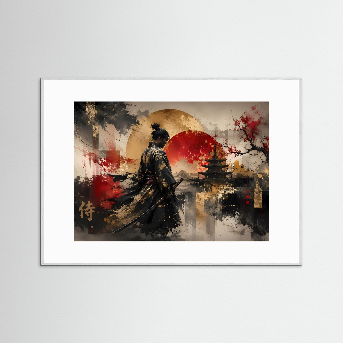 Gerahmtes Poster mit Samurai-Krieger in Schwarz, Katana, roter Sonne und goldenem Kreis