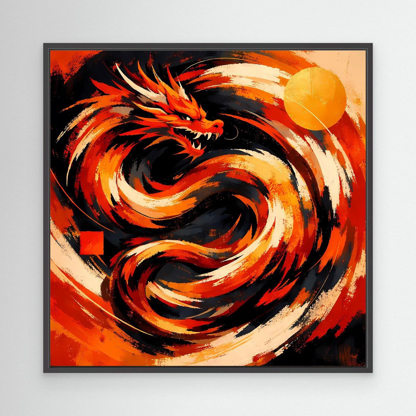 Abstraktes Drachen-Wandbild mit schwarzem Rahmen, roter und schwarzer Wirbel