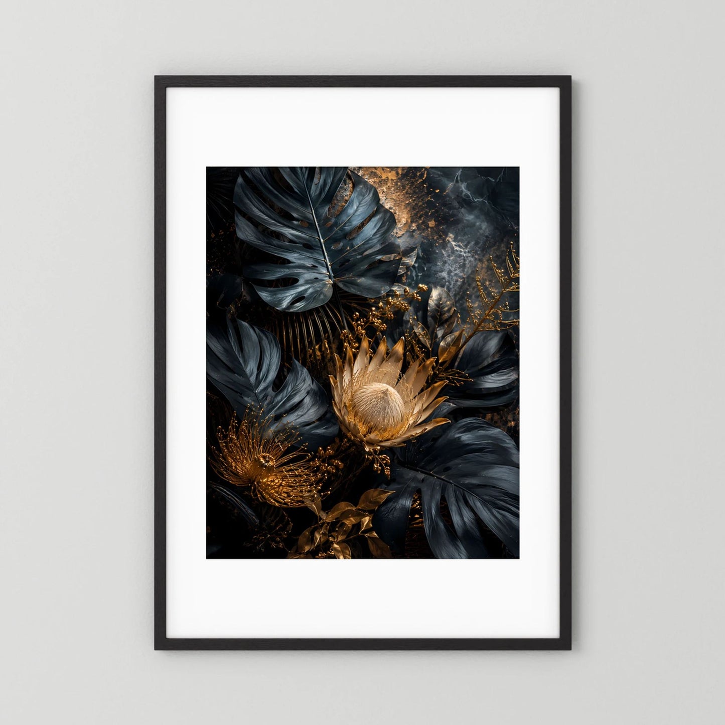 Gerahmtes Kunstposter im Hochformat mit schwarzem Rahmen und goldenen Blattdetails