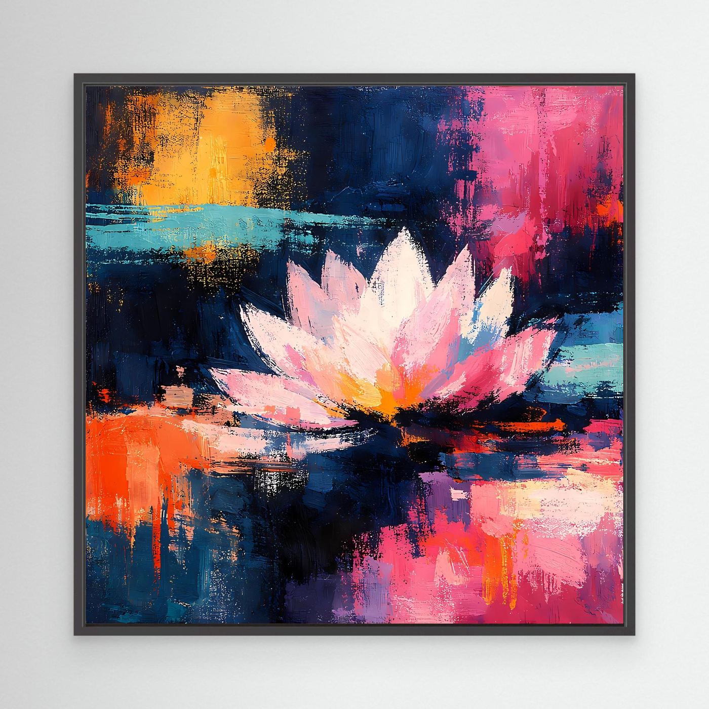 Abstraktes Leinwand-Wandbild mit Lotusblüte in Blau, Rosa und Gelb, im schwarzen Rahmen.