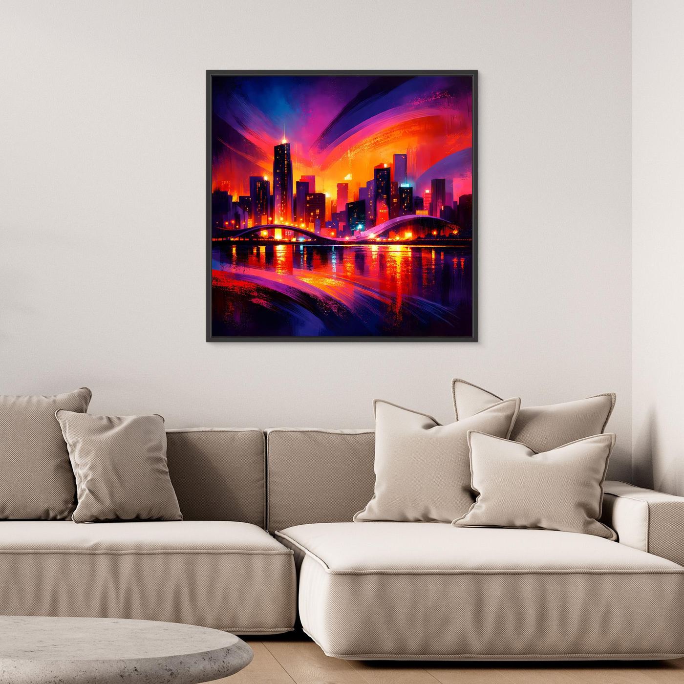 Wandbild Leinwand mit Neon-Skyline bei Nacht, schwarzer Rahmen
