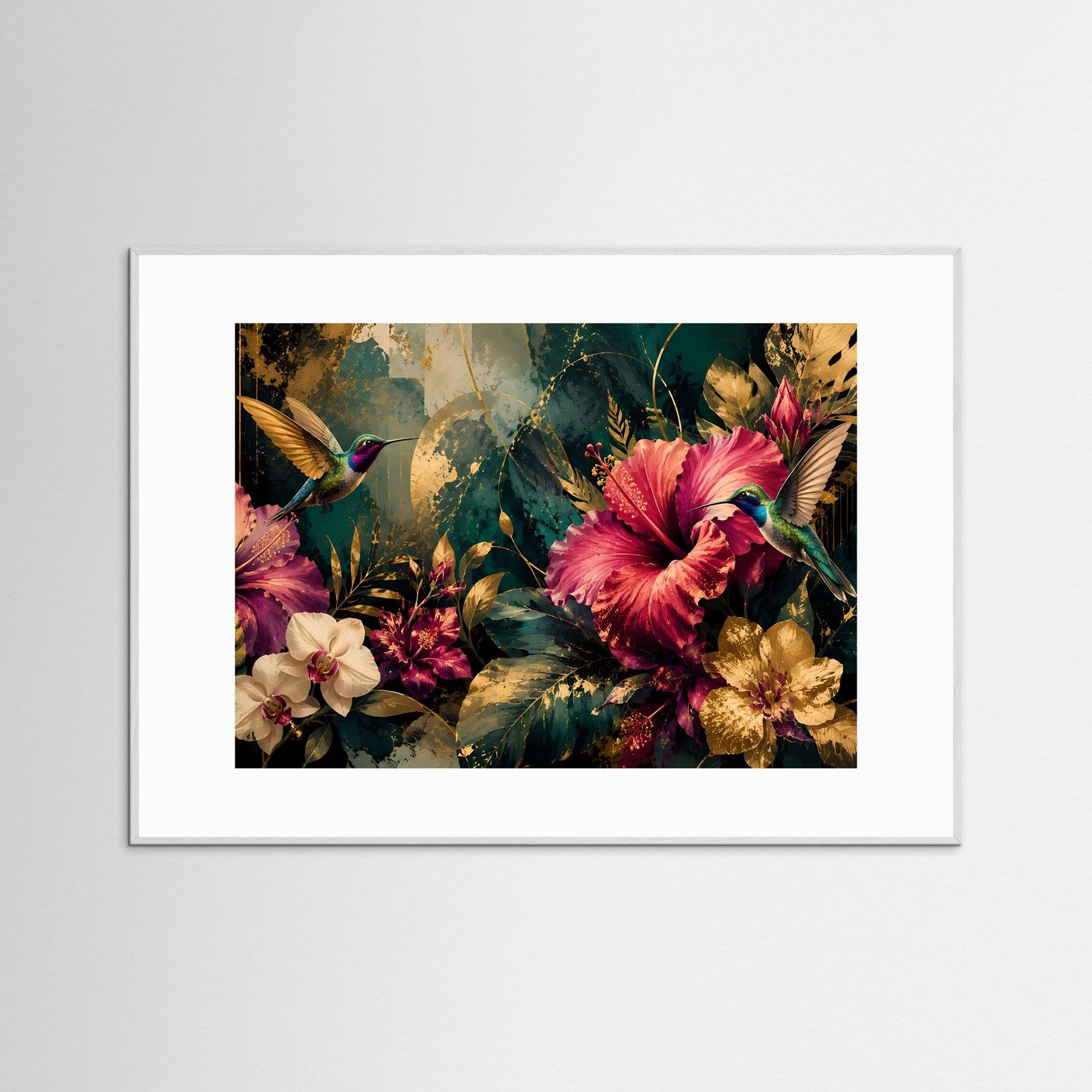 Tropisches Blumenposter mit Kolibri und Orchideen, weißer Rahmen und weißes Passepartout