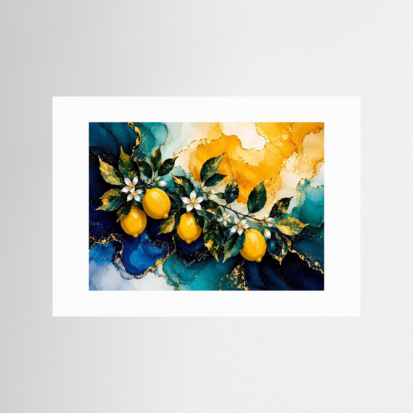 Abstraktes Zitronenzweig-Poster im Querformat mit weißem Passepartout: gelbe Früchte, weiße Blüten.