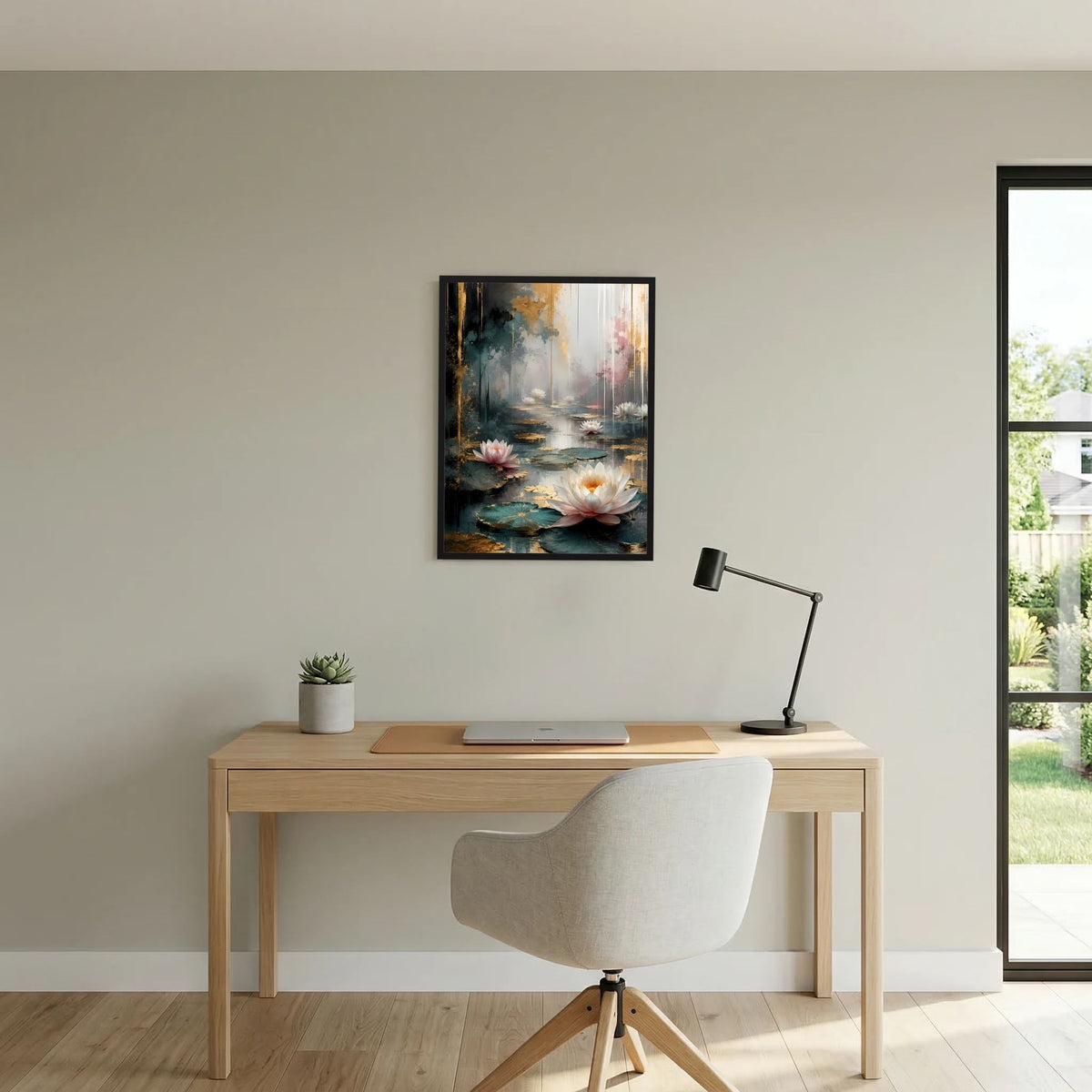 Wasserlilien-Poster im Hochformat mit weißen Blüten, rosa Details und blauem Wasser, schwarzer Rahmen