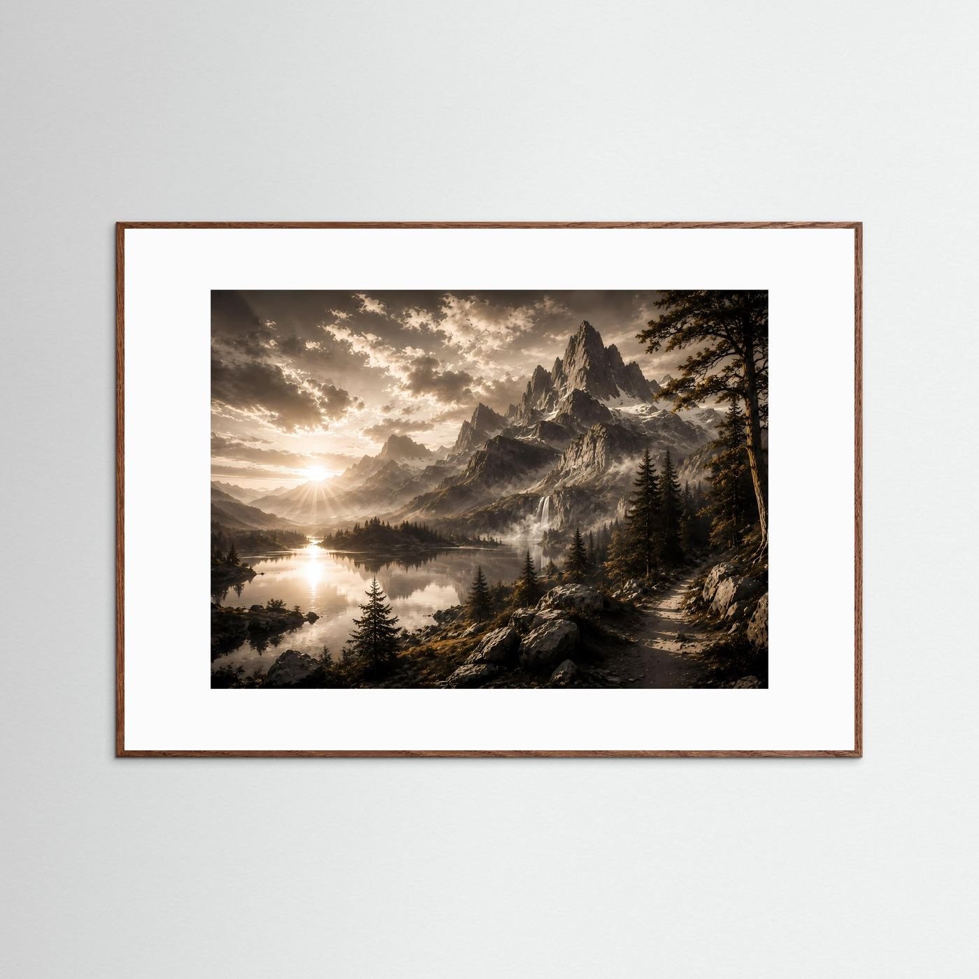 Querformat-Poster mit Bergsee-Landschaft, Rahmen aus Holz in Braun