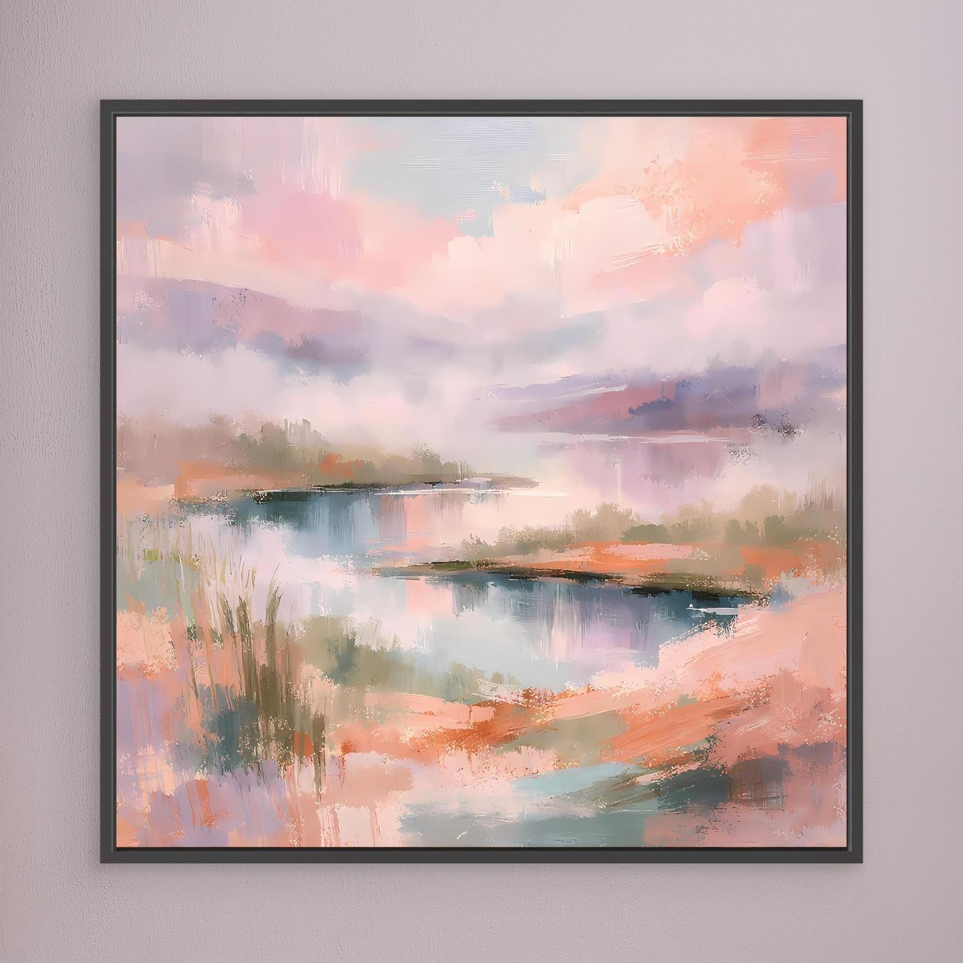 Pastellfarbenes Seenlandschaft-Wandbild auf Leinwand, schwarzer Rahmen