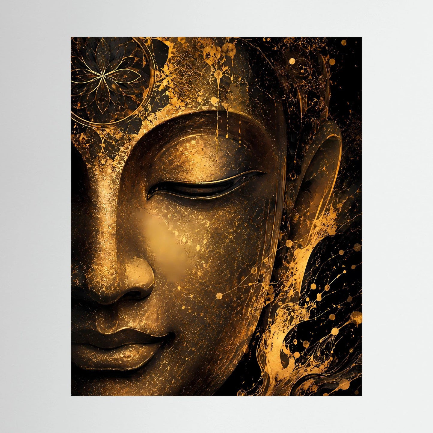 Abstraktes Buddha-Gesicht Poster im schwarzen Rahmen, Goldverzierungen auf dunklem Grund