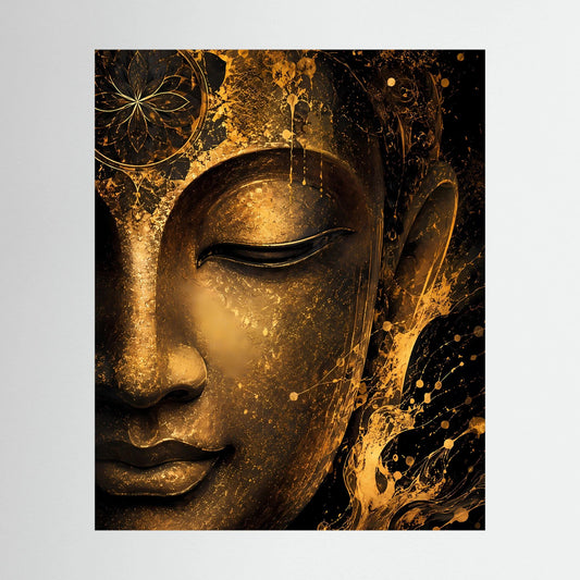 Abstraktes Buddha-Gesicht Poster im schwarzen Rahmen, Goldverzierungen auf dunklem Grund