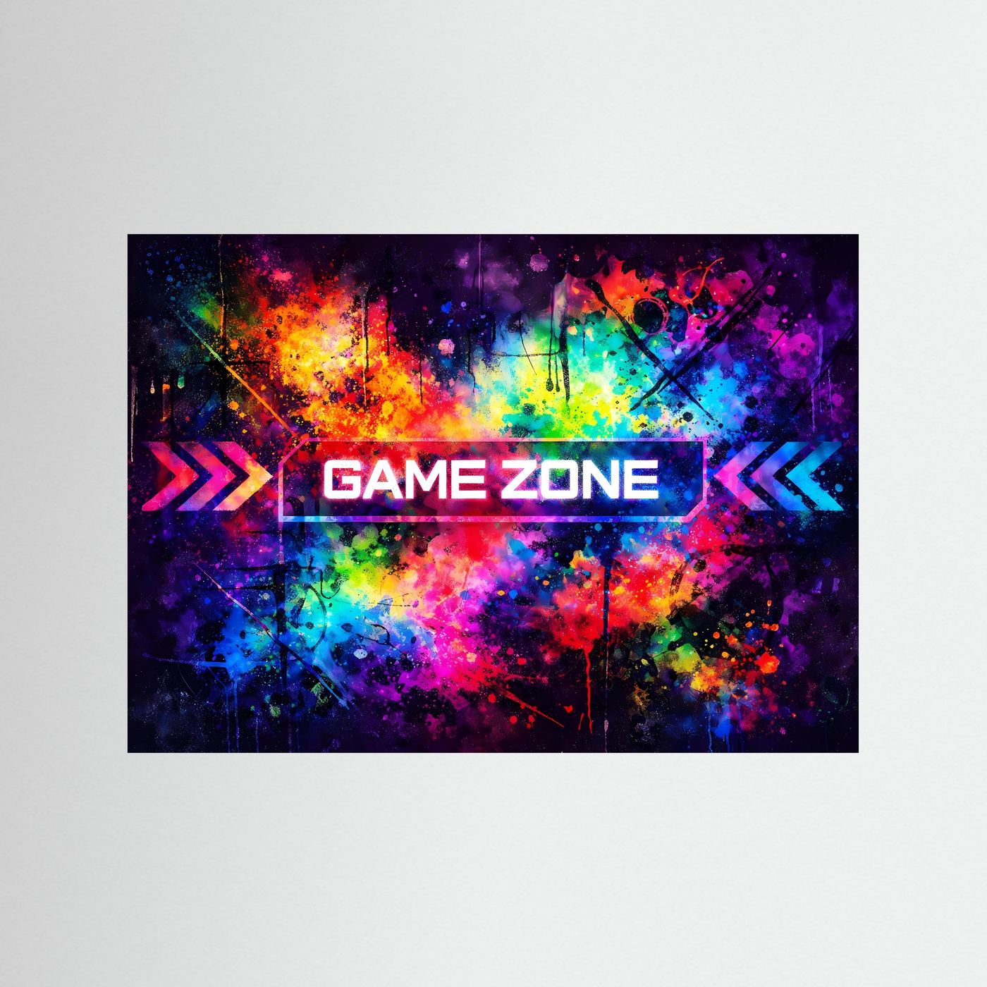 Pop-Art-Poster „Game Zone“ mit bunten Farbspritzern und Pfeilen, ohne Rahmen