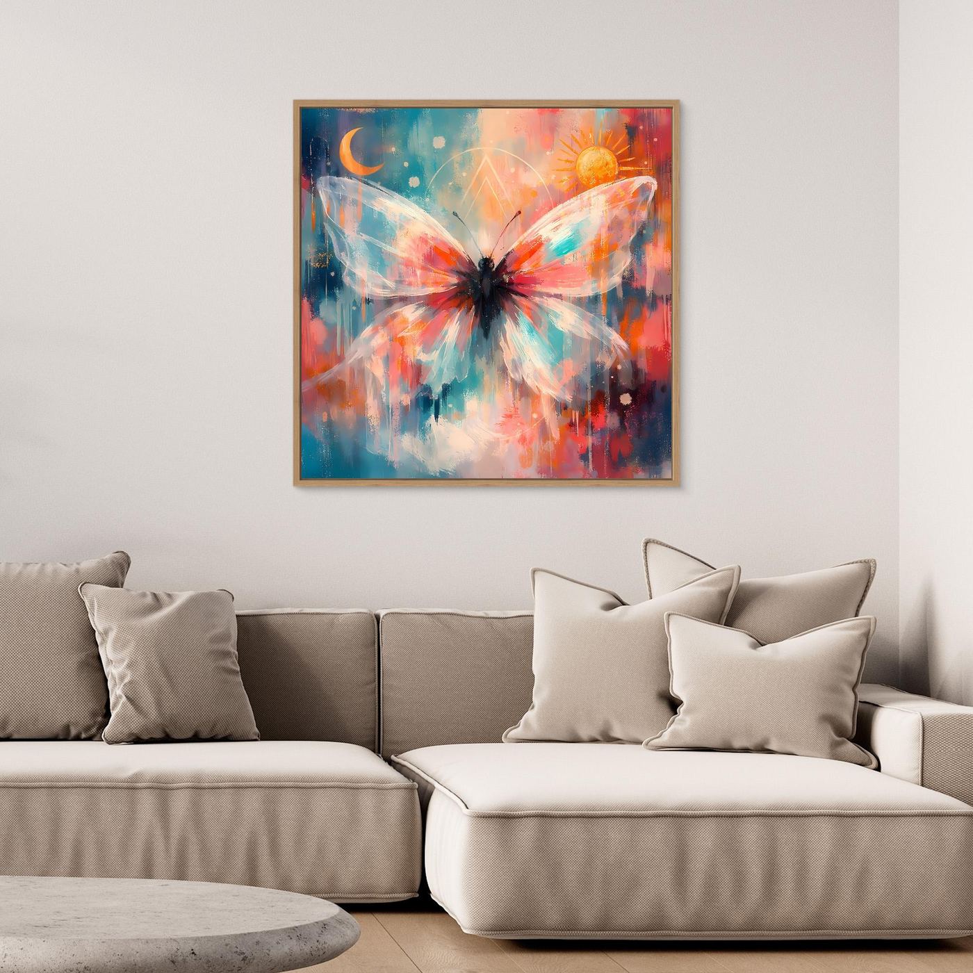 Leinwand-Wandbild mit kosmischem Schmetterling, Sonne und Mond, mit goldenem Rahmen