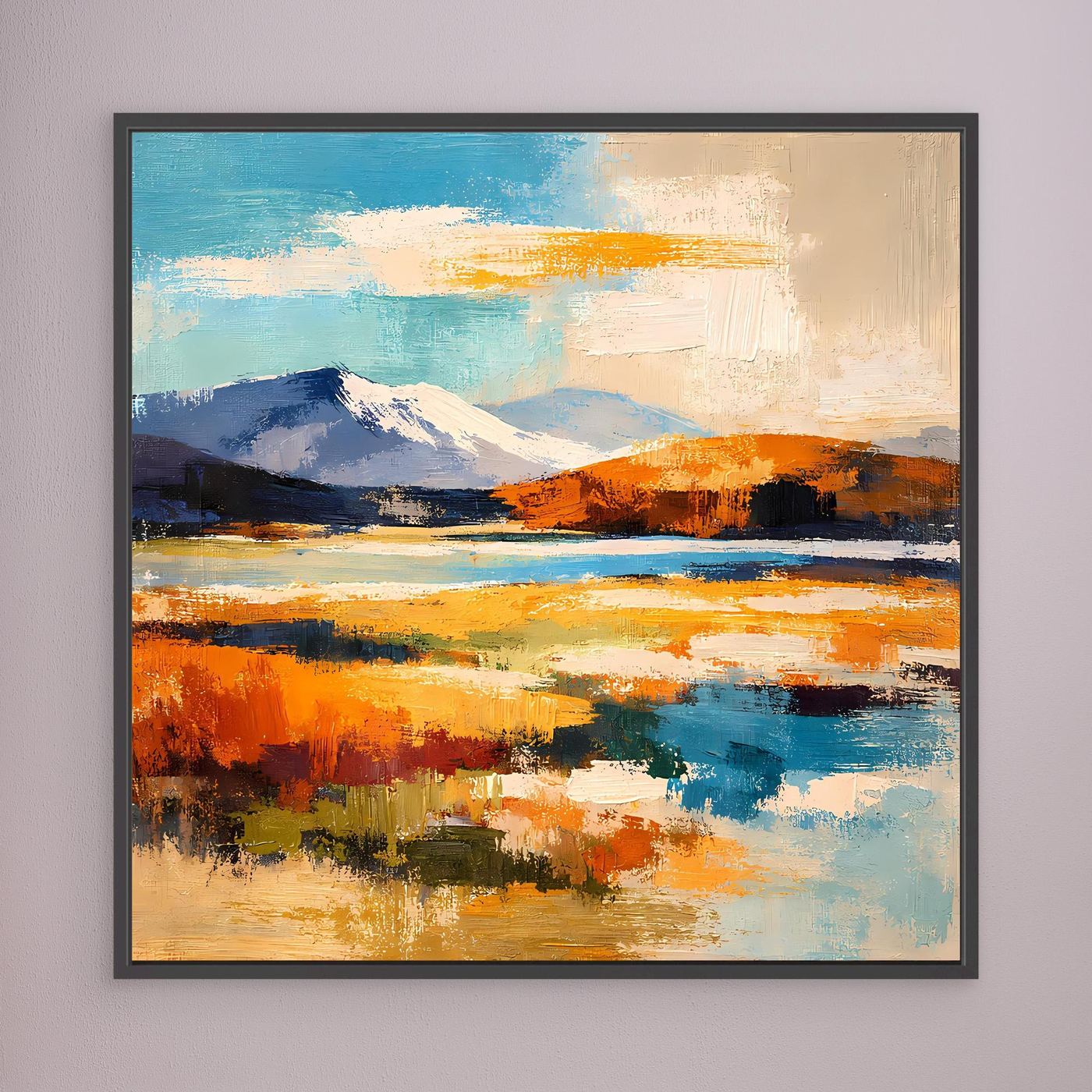 Abstraktes Leinwandbild mit Bergen und See in Blau, Orange und Gelb; schwarzer Rahmen
