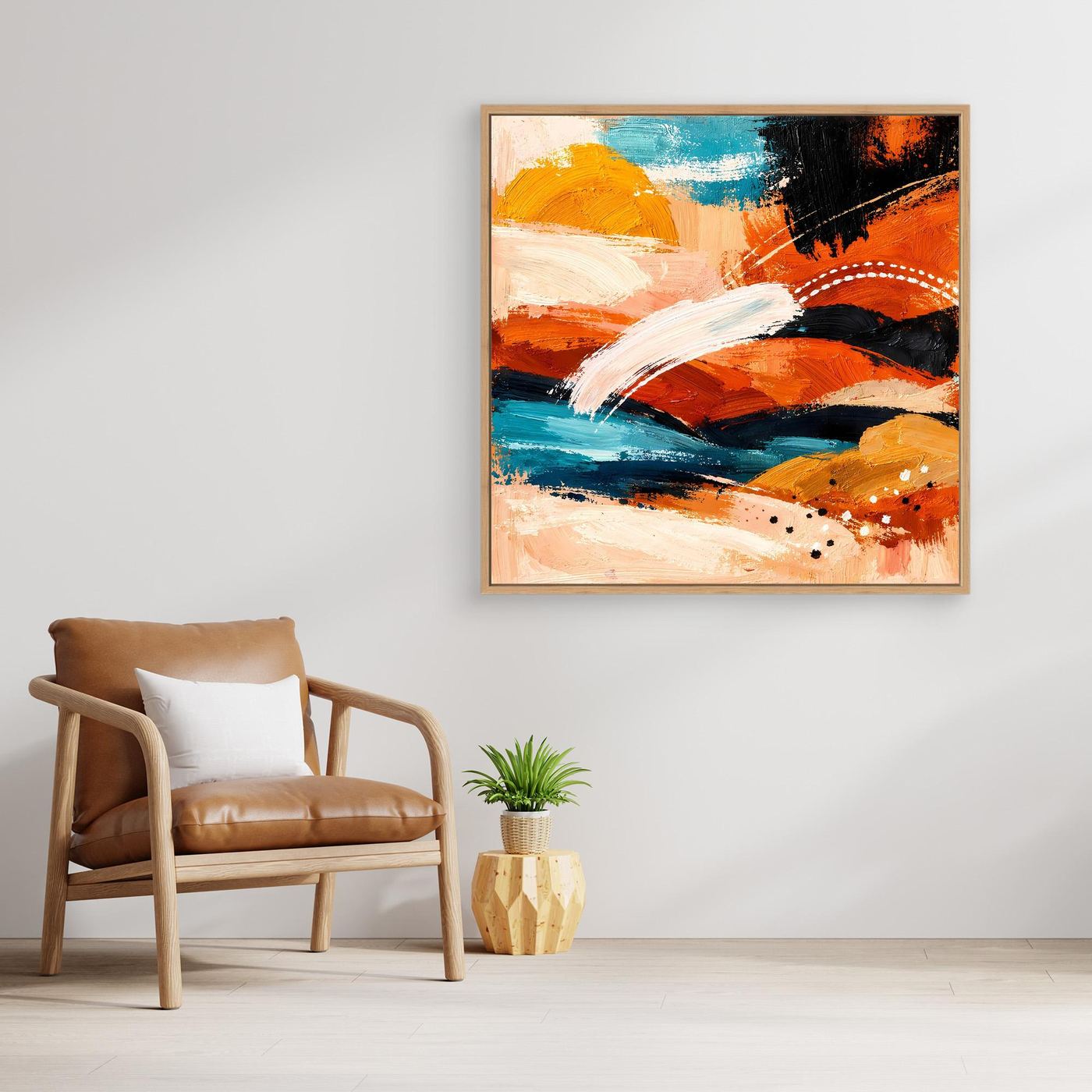 Light wood-framed abstract landscape wall art canvas with orange, turquoise, white streaks, and black marks