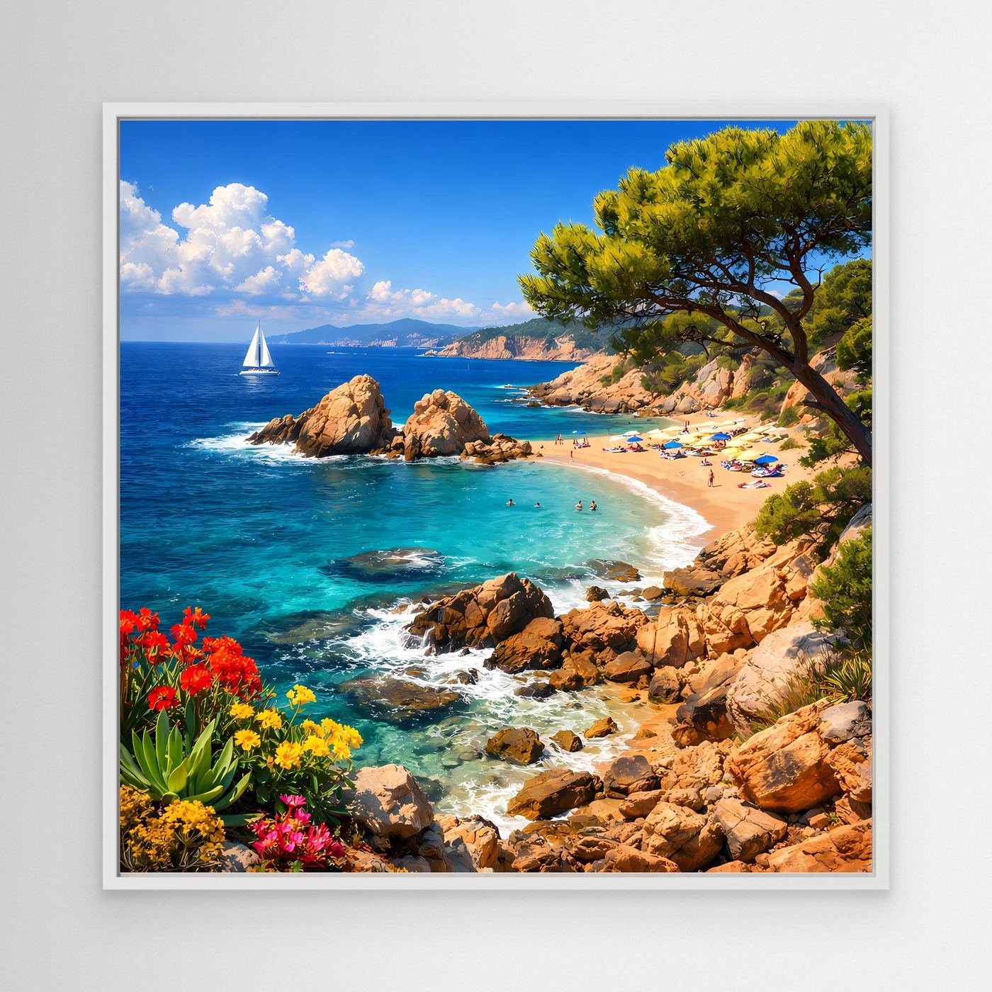 Leinwand-Wandbild mit Küstenlandschaft im weißen Rahmen, türkisfarbenes Meer und Strand