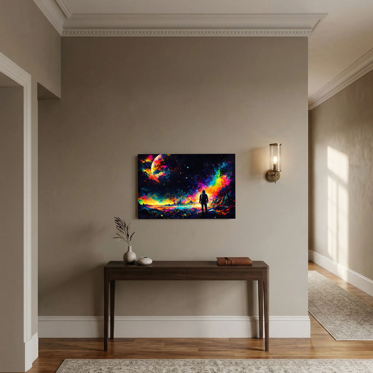 Wandbild mit Astronauten-Silhouette im bunten Neon-Weltraum, querformatig
