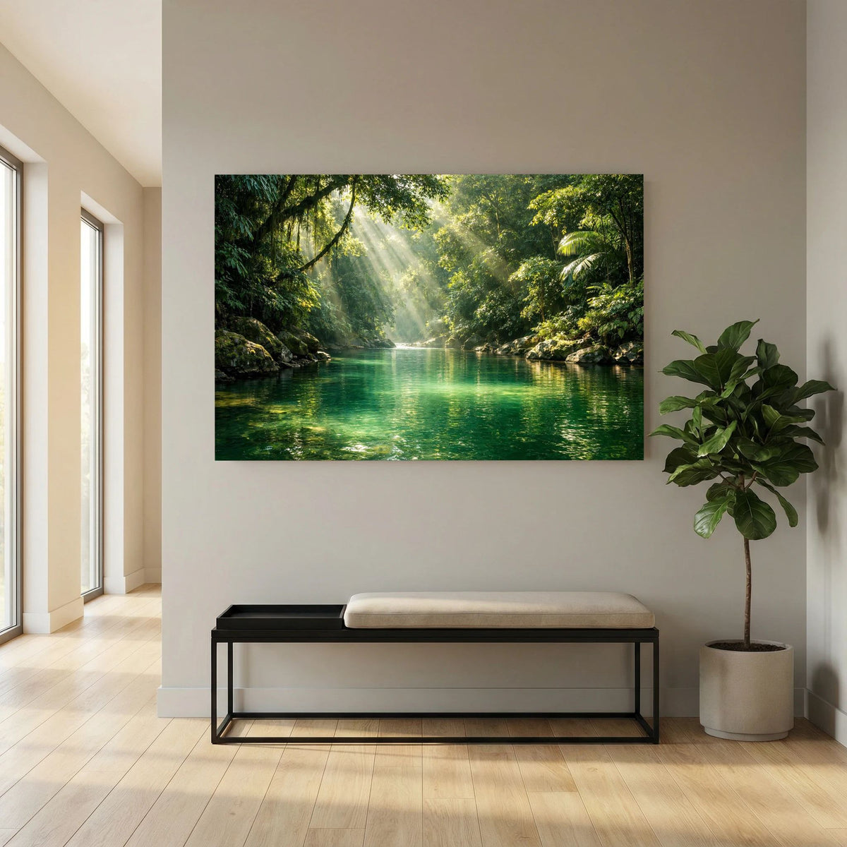 Querformat-Poster mit Dschungel-Flusslandschaft und grüner Wasseroberfläche