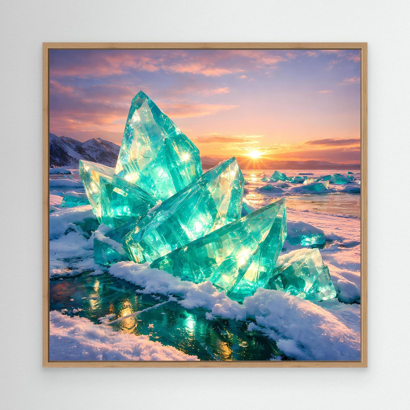Leinwandbild mit türkisfarbenen Eiskristallen im Winter bei Sonnenuntergang, Eichenrahmen