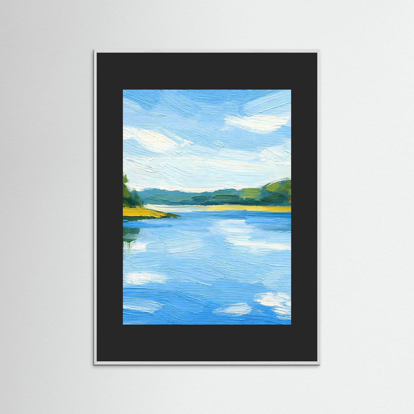 Gerahmtes Landschafts-Poster mit blauem Fluss und grünen Hügeln in schwarzem Rahmen