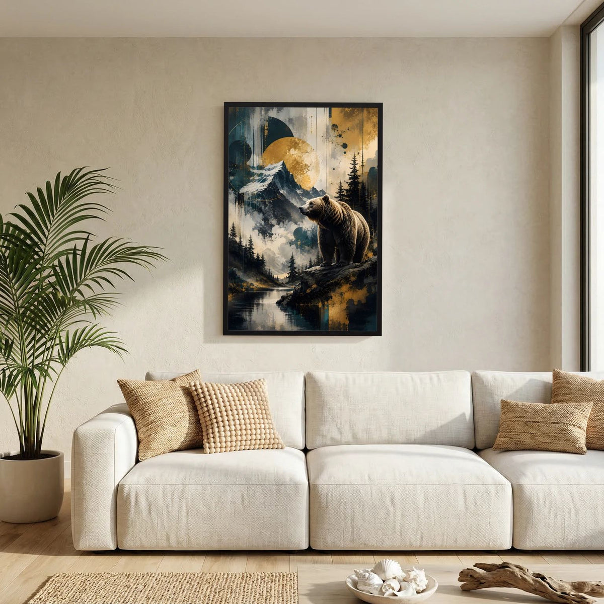 Poster mit braunem Bären auf Felsvorsprung, Berglandschaft, Hochformat, schwarzer Rahmen