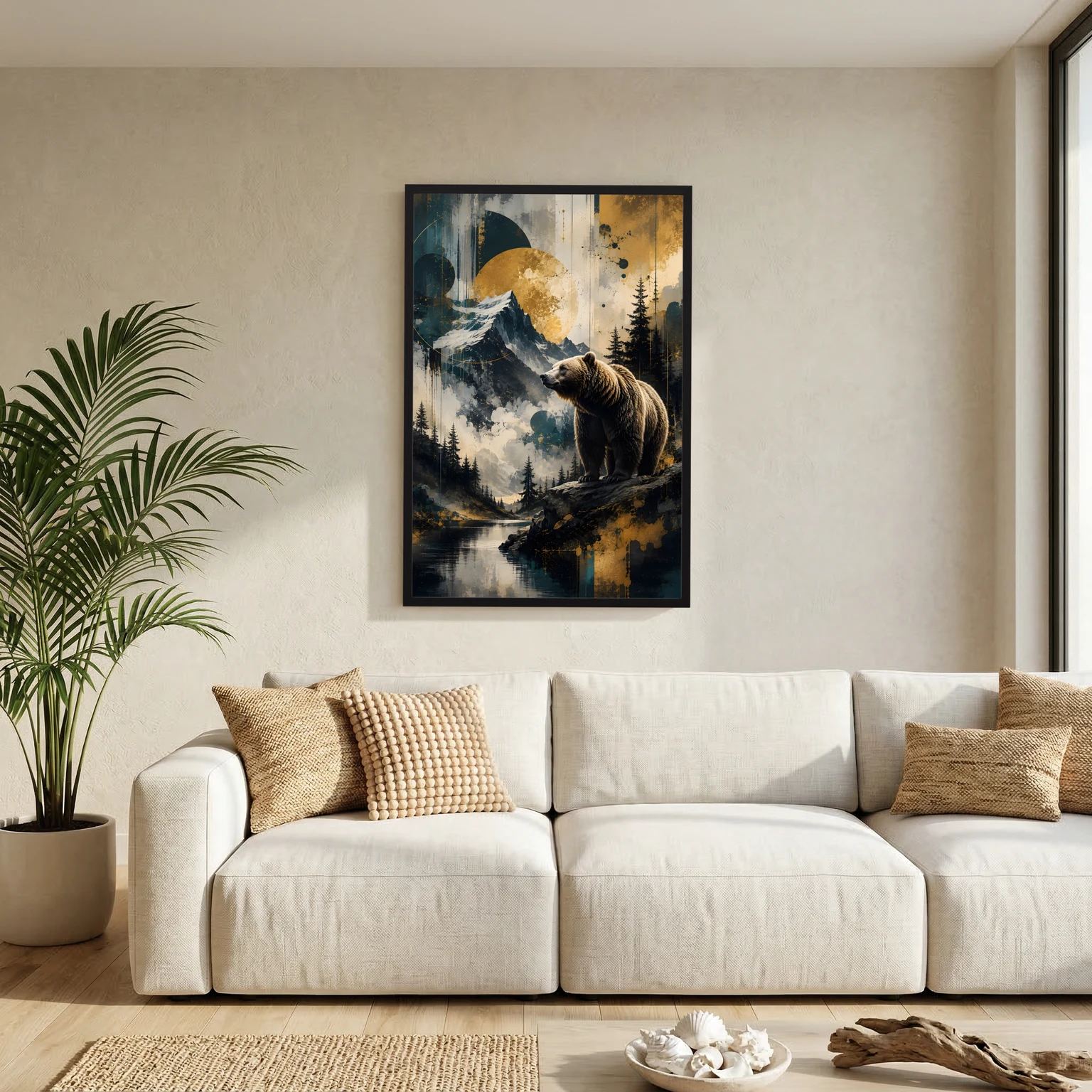 Poster mit braunem Bären auf Felsvorsprung, Berglandschaft, Hochformat, schwarzer Rahmen