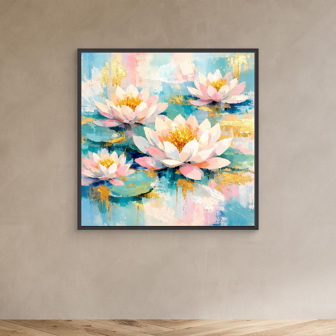 Leinwandbild Seerosen abstrakt mit schwarzem Rahmen, Blüten in Weiß, Rosa und Gelb