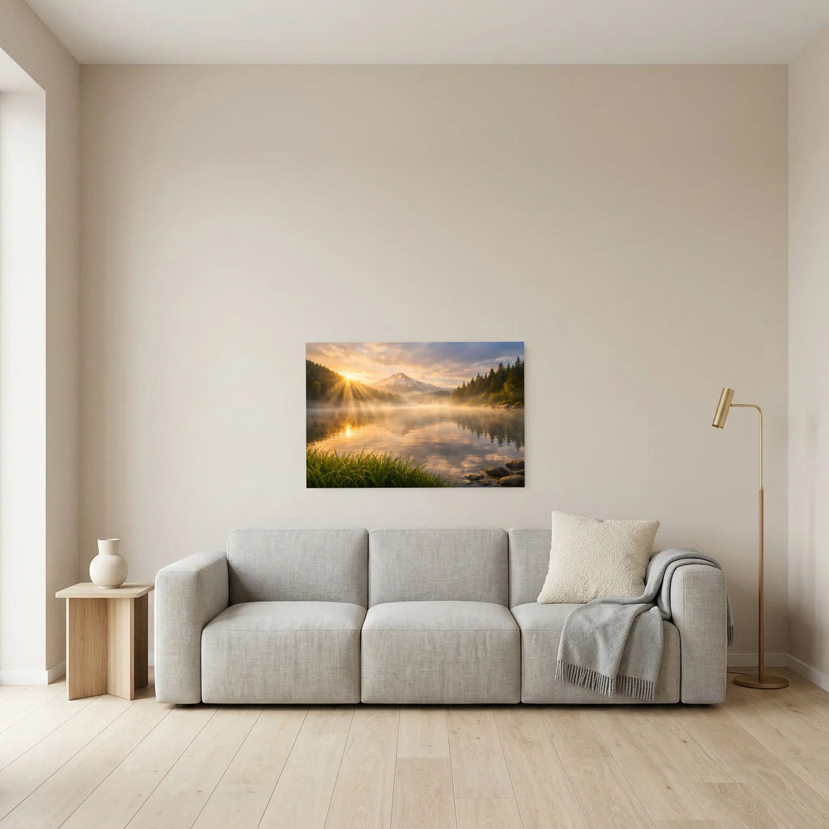 Querformatiges Wandbild-Poster mit Bergsee, goldenem Licht und ruhiger Wasserfläche