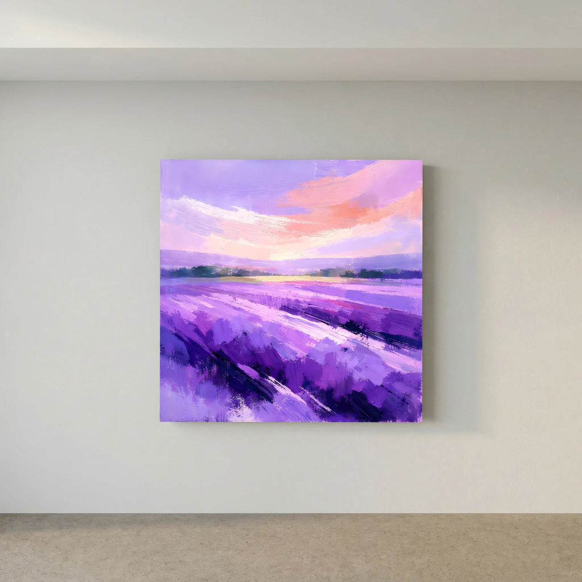 Lila abstraktes Leinwandbild mit Lavendelfeld-Landschaft, violetten Flächen und rosa Horizont