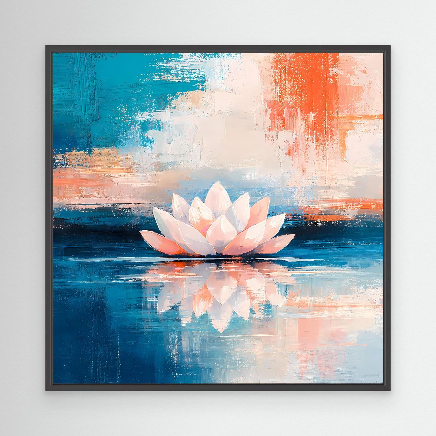 Leinwand Abstrakte Lotusblüte auf dem Wasser | Modernes Seerosen Wandbild Blau Orange