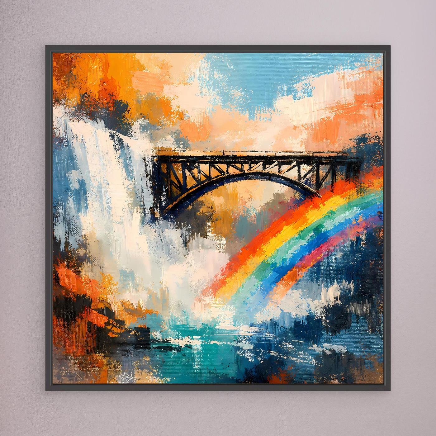 Abstraktes Leinwand-Wandbild: Wasserfall, Brücke & Regenbogen, dunkel gerahmt