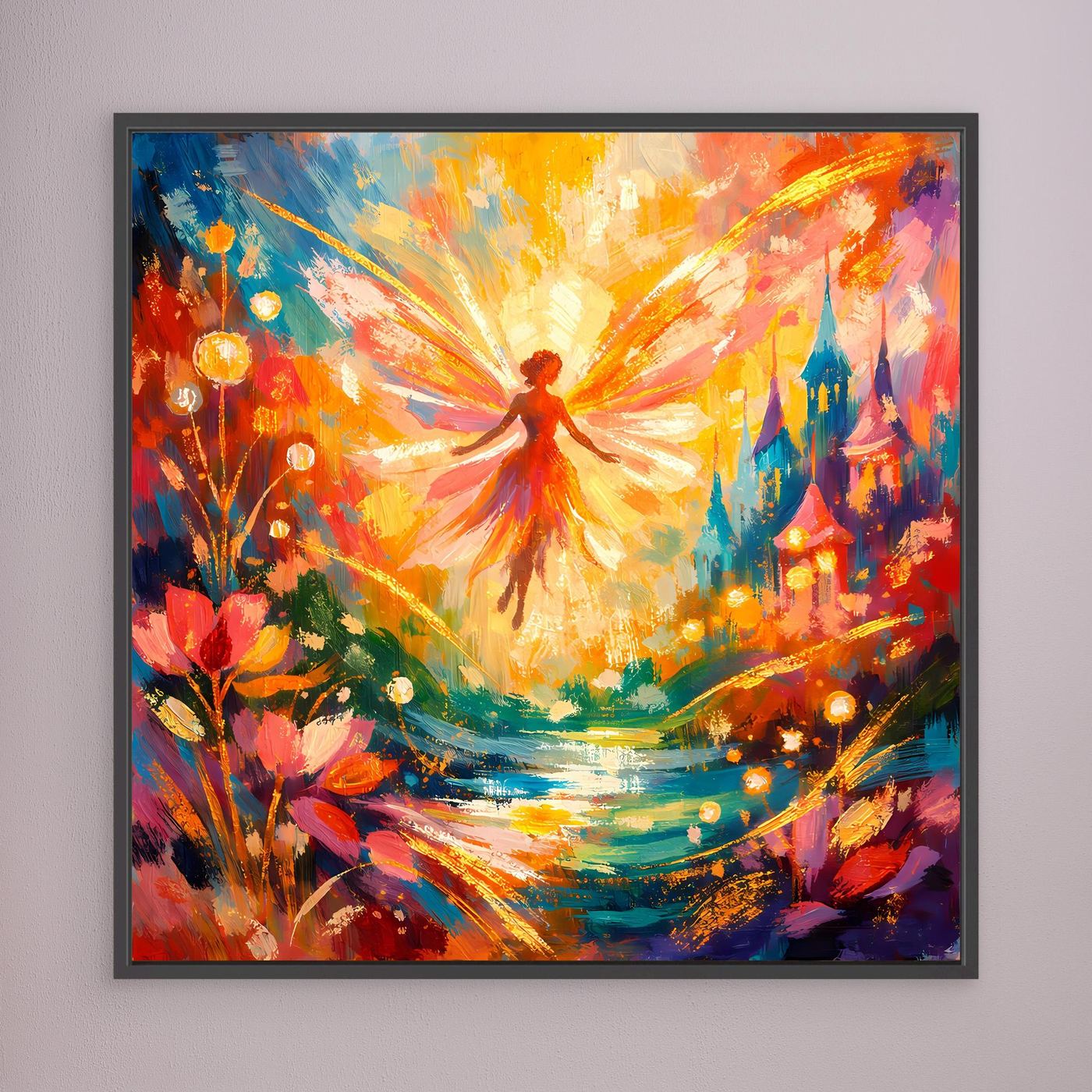 Leinwandbild mit abstrakter Fantasy-Szene im schwarzen Rahmen: leuchtender Strahlenbogen, Figur, Blumen und Türme.