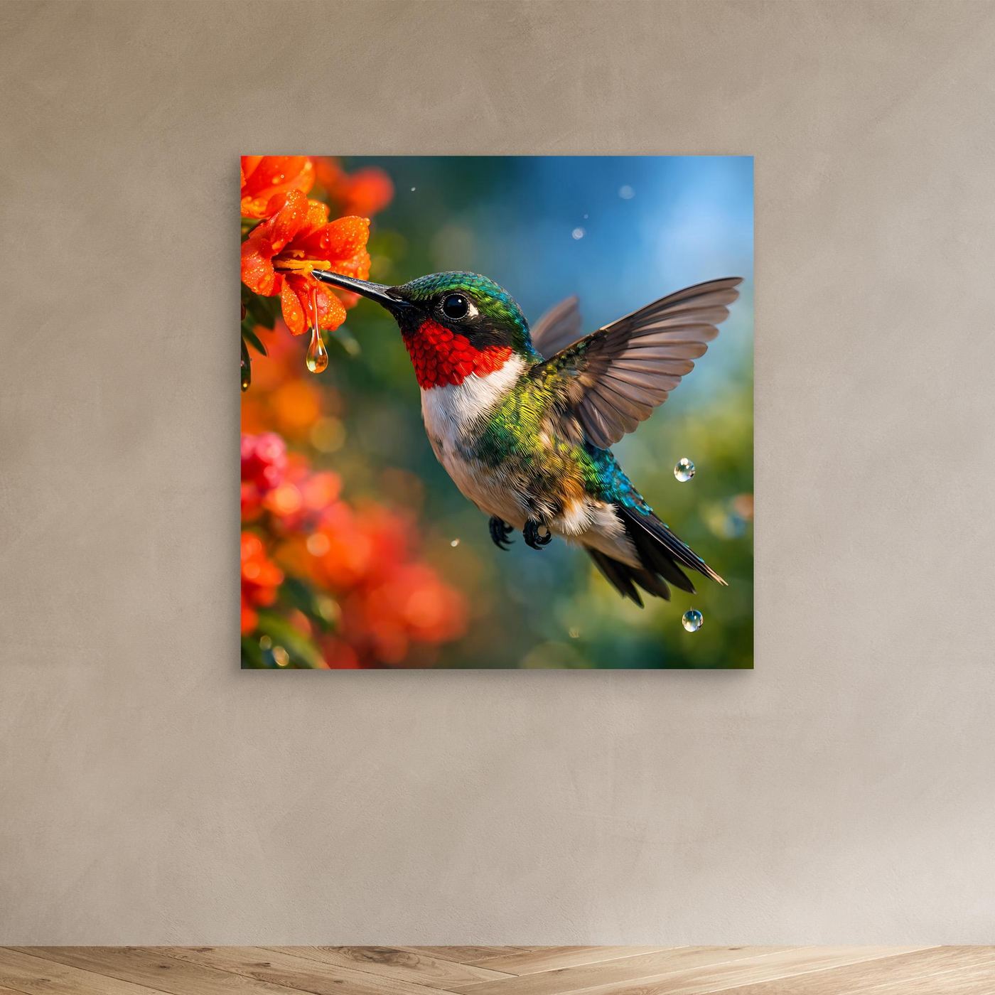 Leinwand Kolibri im Blütenrausch | Farbenfrohes Vogel Natur Wandbild
