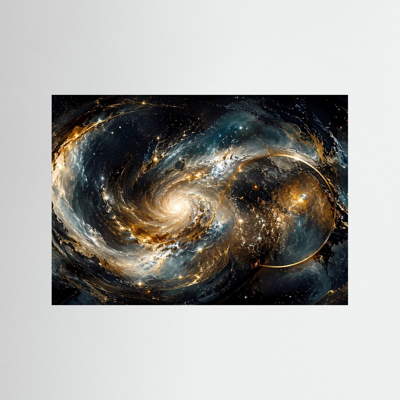 Faszinierender Galaxie-Wirbel mit Goldakzenten | Modernes Weltraum & Kunst Poster Querformat
