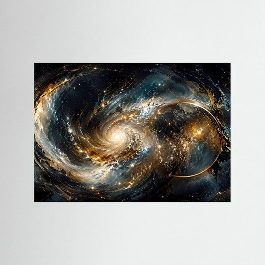 Horizontales Poster mit Galaxie-Wirbel und Goldakzenten, ohne Rahmen