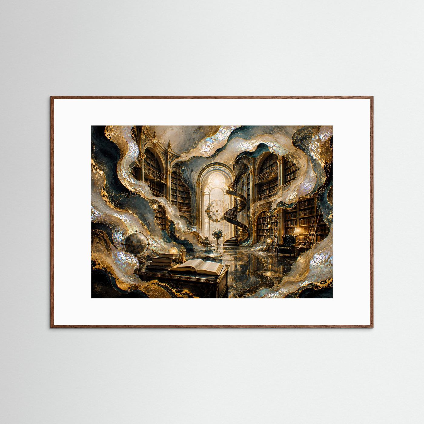 Querformat-Poster in braunem Rahmen, surrealer Bücherraum mit Gold- und türkisfarbenen Akzenten