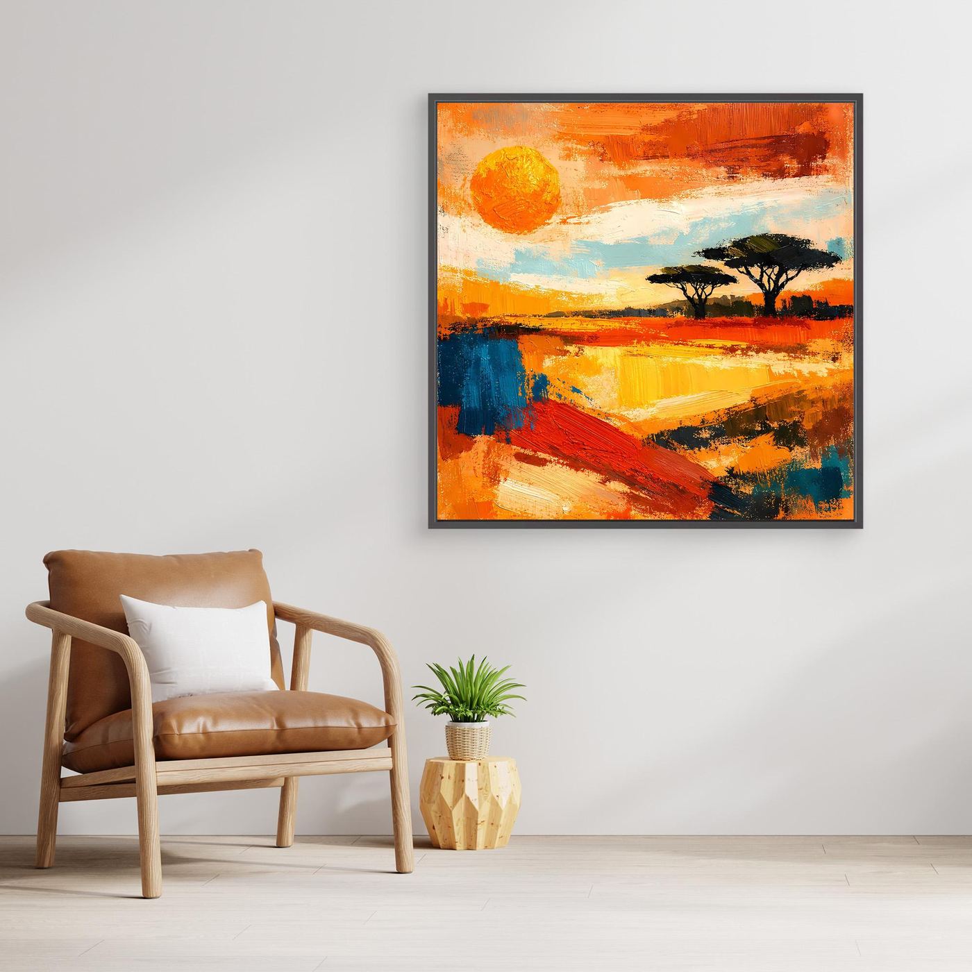 Abstract sunset savanna canvas wall art with tree silhouettes, thick dark frame