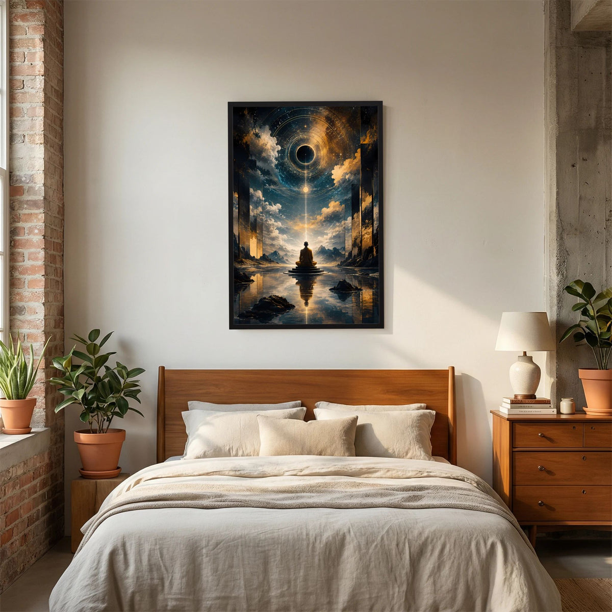 Hochformatiges Poster mit Mönch im Lotussitz, goldblaues Lichtportal und Wolken, schwarzer Rahmen