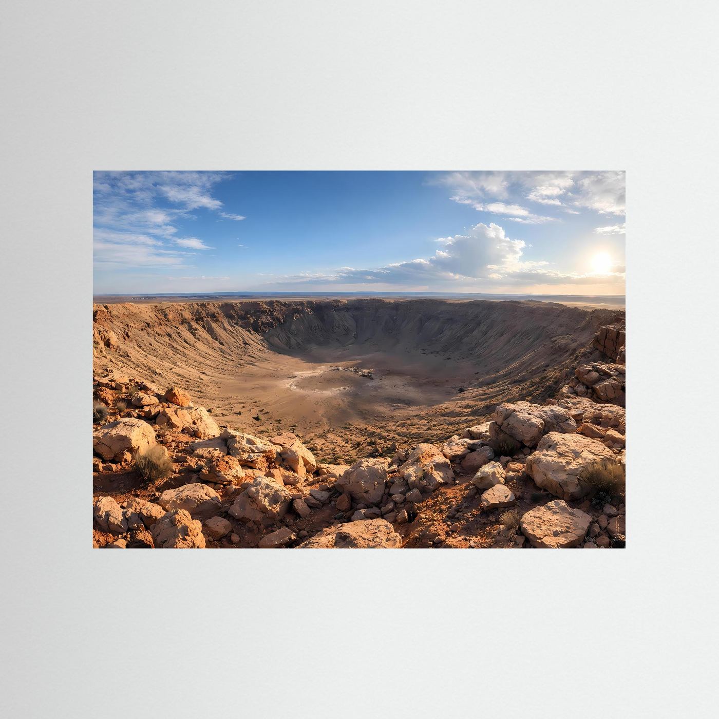 Naturfotografie-Poster: gigantischer Meteoritenkrater in der Wüste, Querformat