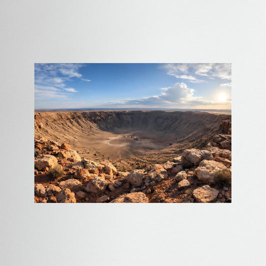 Naturfotografie-Poster: gigantischer Meteoritenkrater in der Wüste, Querformat